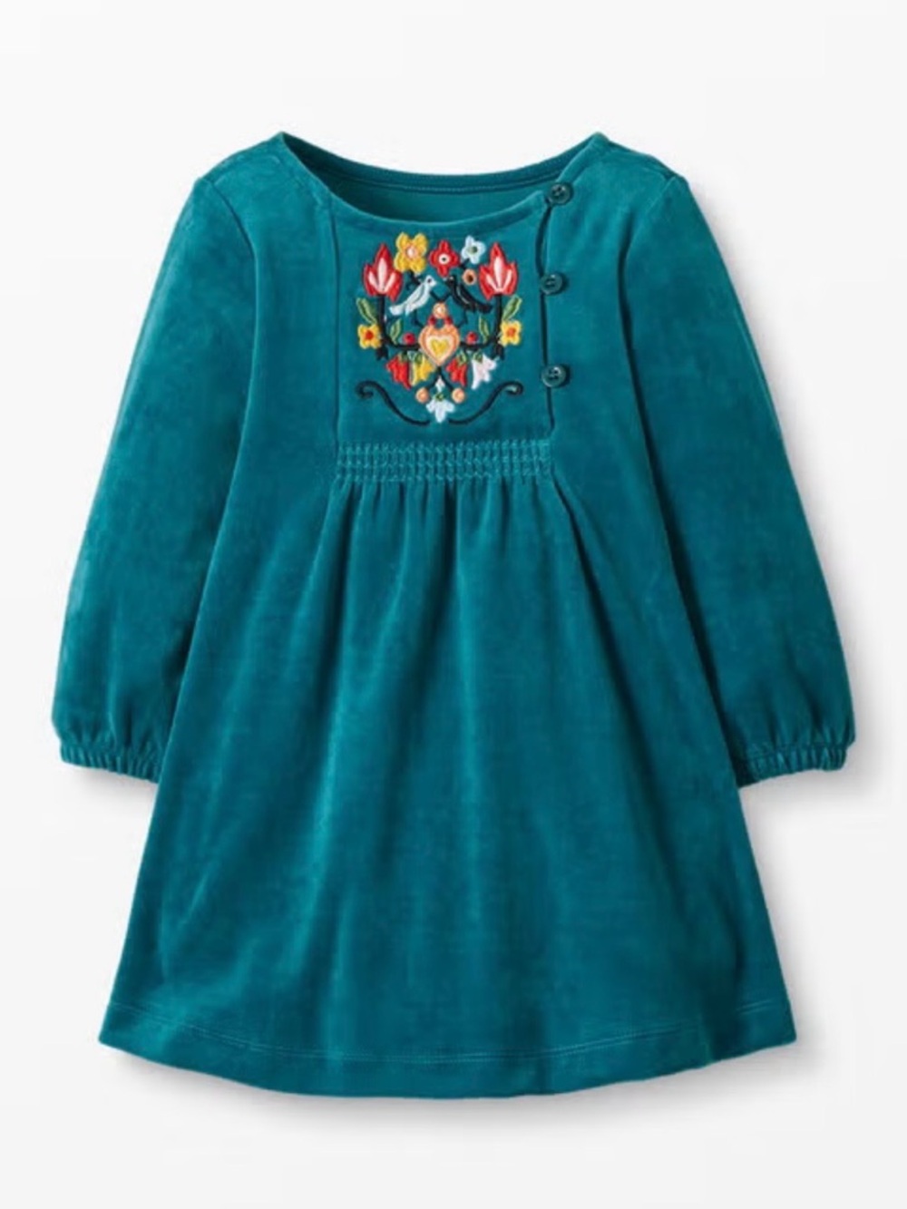 Hanna Andersson Teal Velour Dress with Floral Embroidery 2T